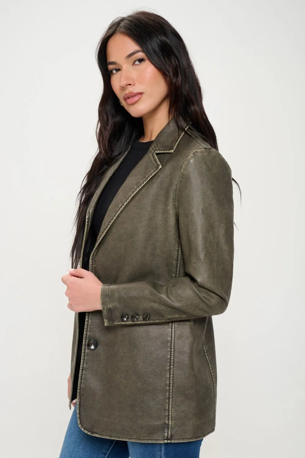 Single-Breasted Vegan Leather Blazer