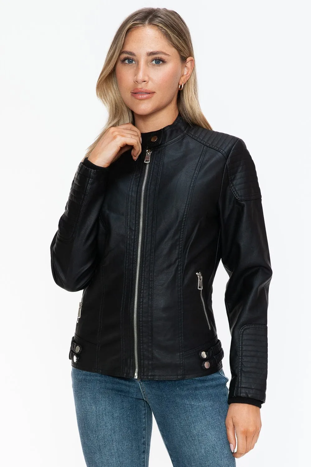 Snobbish Faux Leather Biker Jacket with Side Zip Pockets