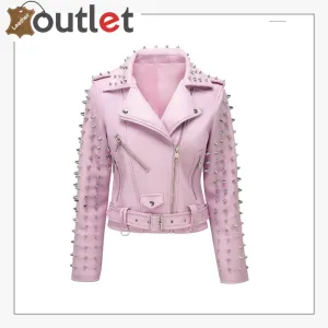 Soft Pink Studded Leather Biker Jacket