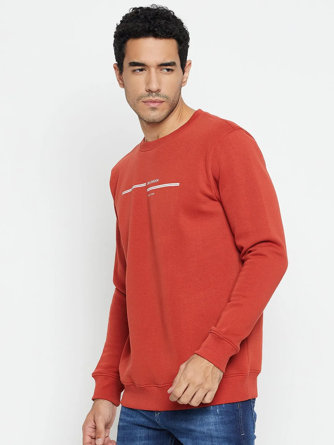 Solid Rust Full Sleeves Round Neck Regular Fit Casual Sweatshirt for Men