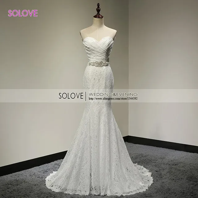 Solovedress Elegant Beaded Sweetheart Champagne Mermaid Lace Evening Dress Formal Gown With Sash vestido de festa