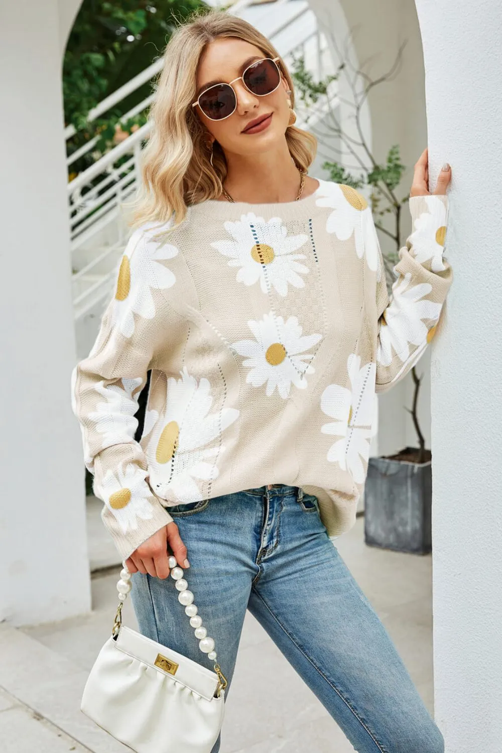 Spring Daisy Print Openwork Round Neck Sweater S-XL