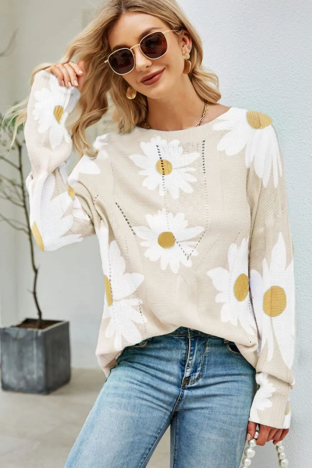 Spring Daisy Print Openwork Round Neck Sweater S-XL