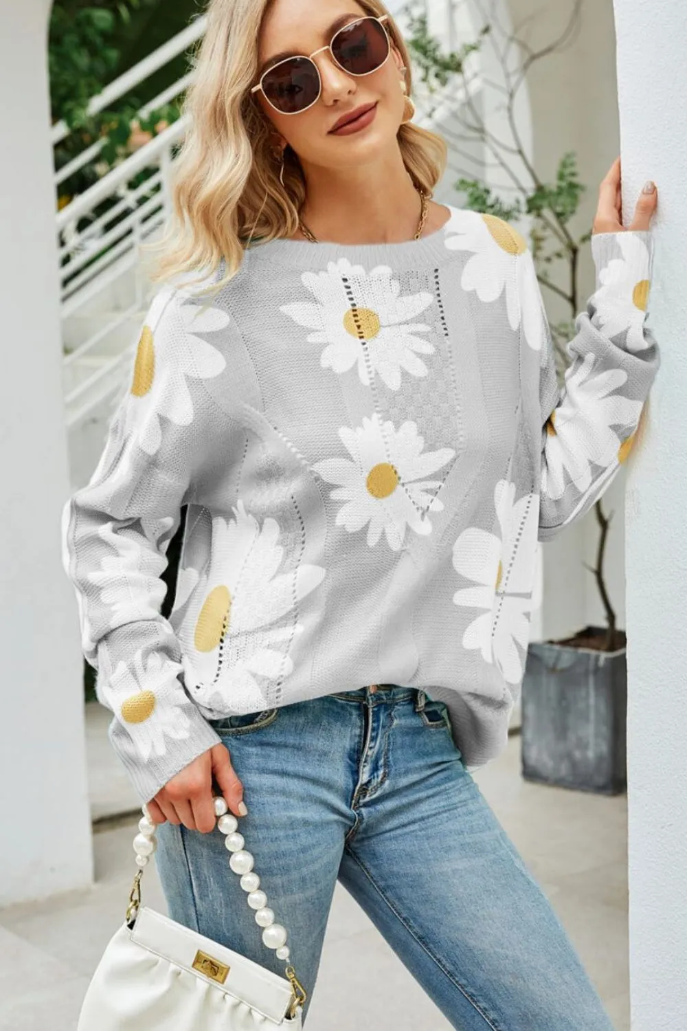 Spring Daisy Print Openwork Round Neck Sweater S-XL