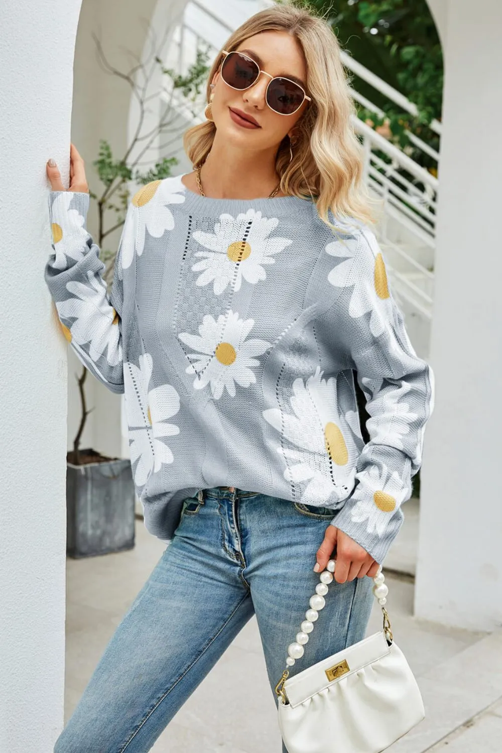 Spring Daisy Print Openwork Round Neck Sweater S-XL