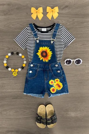 Stripe Sunflower Denim Overall Short Set