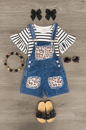 Striped Leopard Denim Overall Set