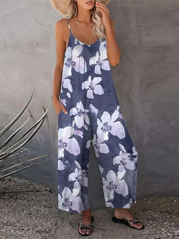 Summer Women Printed Casual Sleeveless Loose Wide Leg Jumpsuit