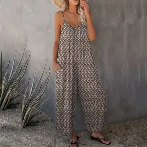 Summer Women Printed Casual Sleeveless Loose Wide Leg Jumpsuit