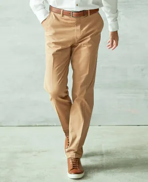 Tan Stretch Cotton Classic Fit Flat Front Chinos