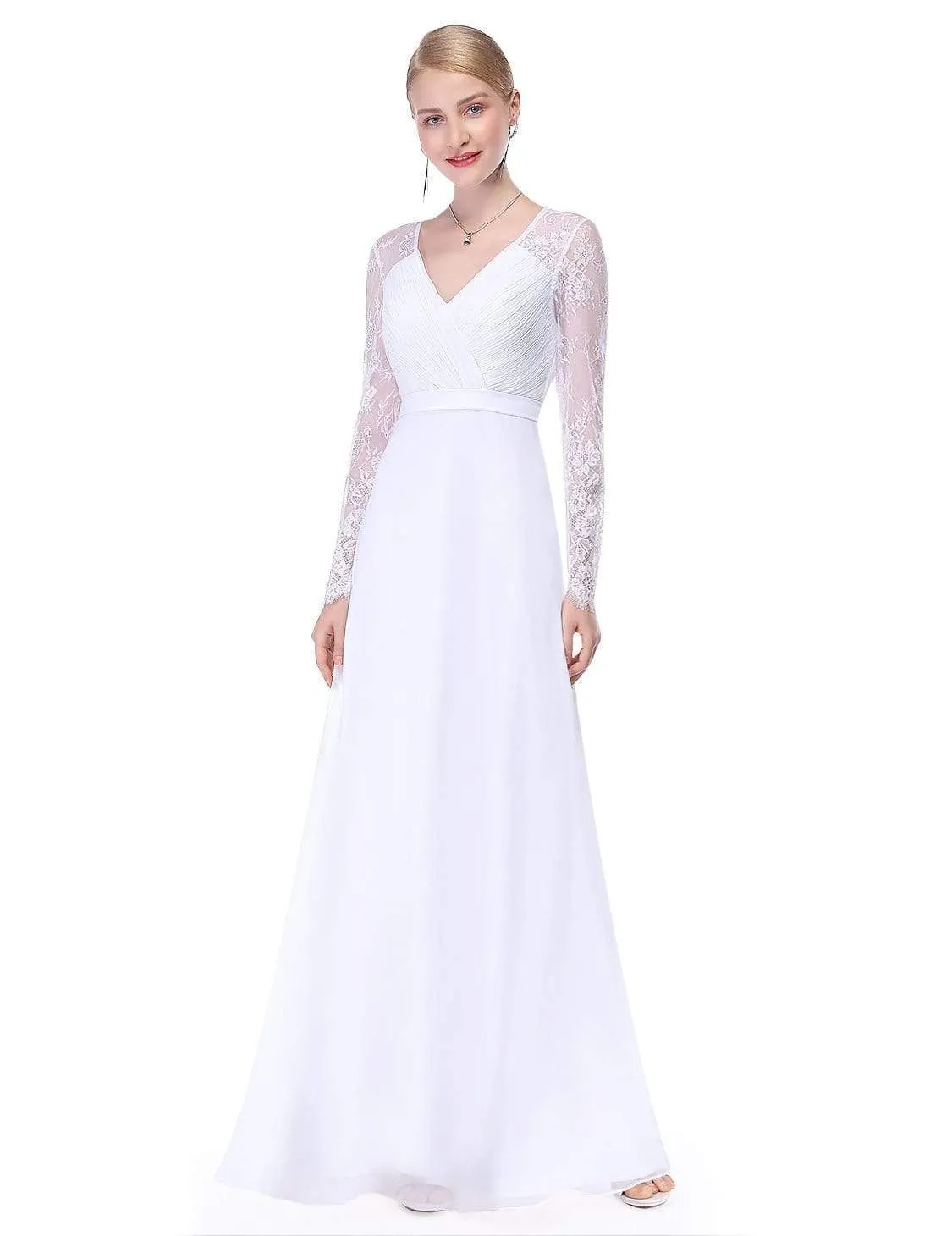 V Neck Maxi Long Evening Gowns with Lace Sleeves