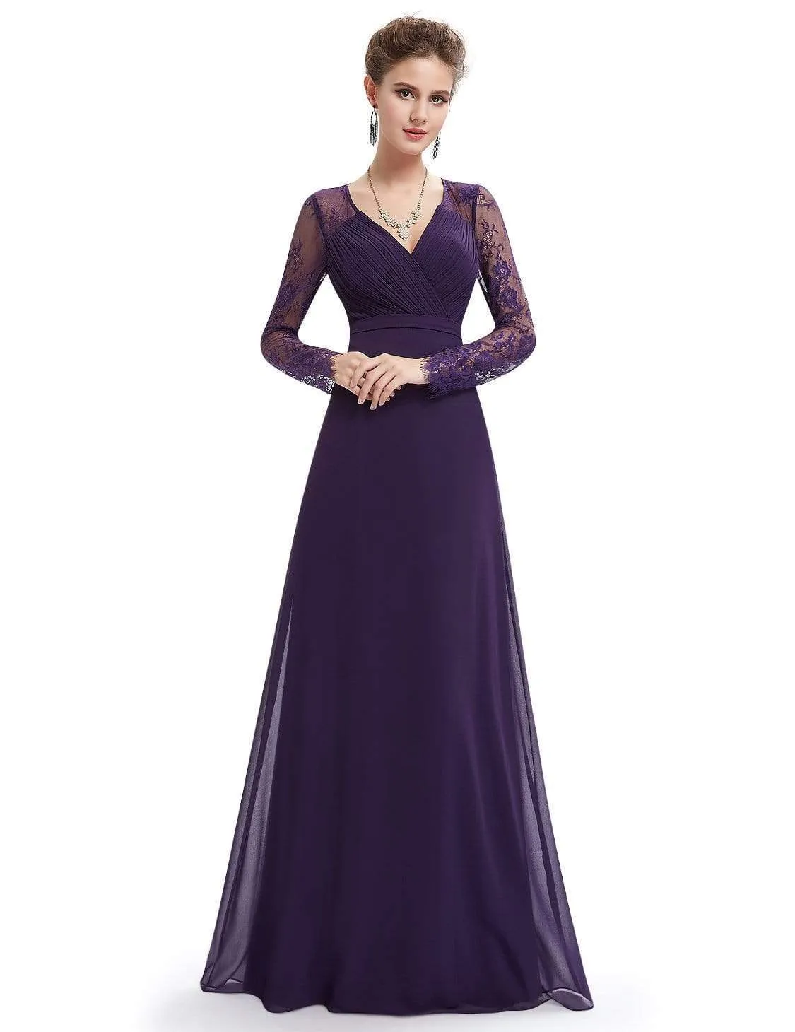 V Neck Maxi Long Evening Gowns with Lace Sleeves