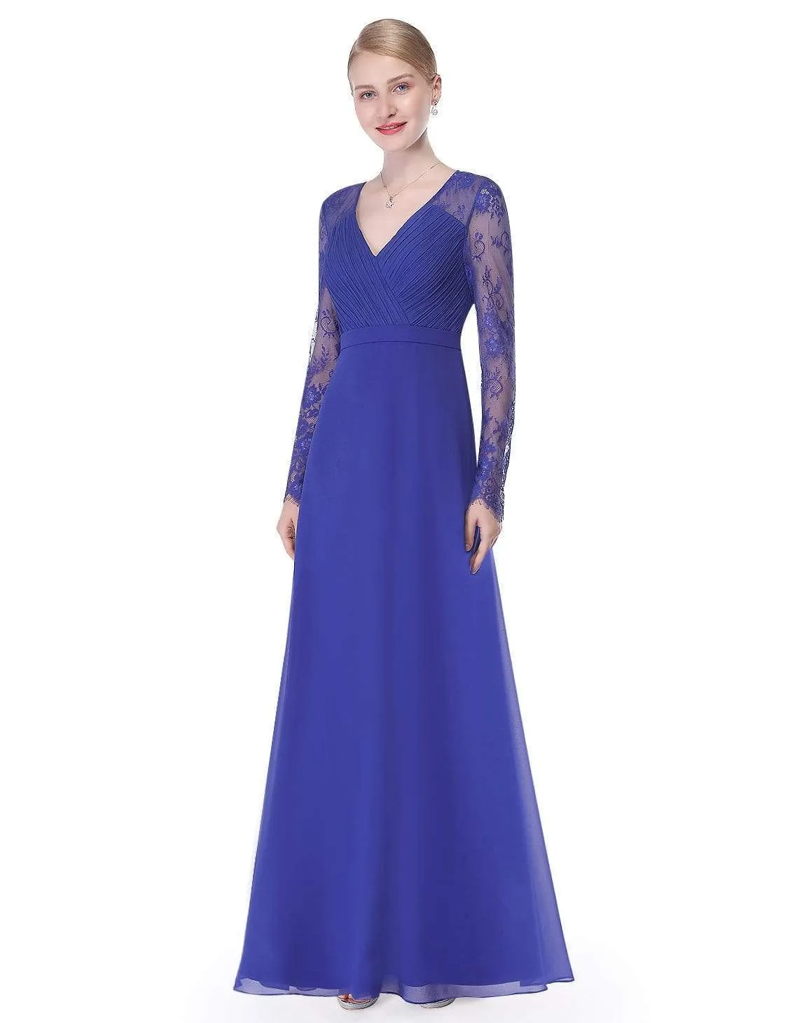 V Neck Maxi Long Evening Gowns with Lace Sleeves