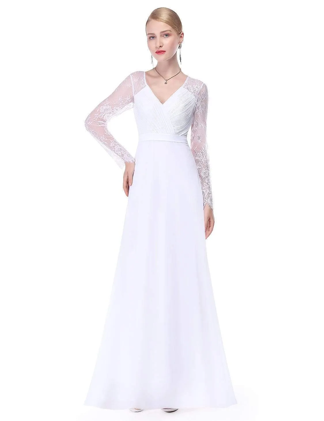 V Neck Maxi Long Evening Gowns with Lace Sleeves