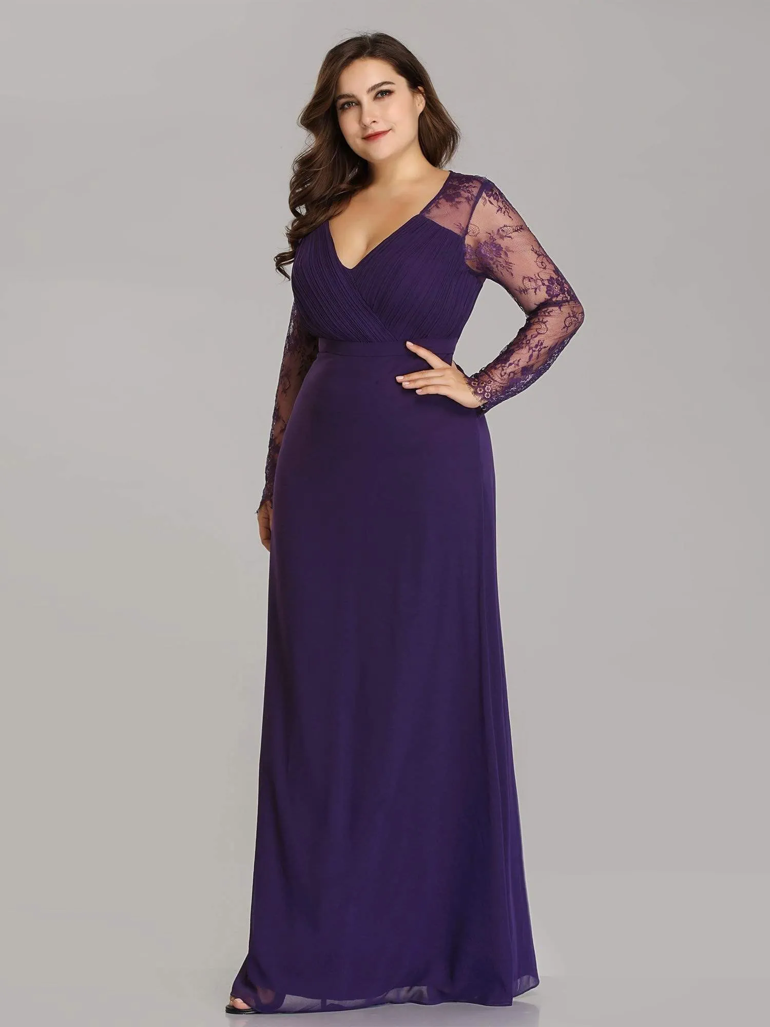 V Neck Maxi Long Evening Gowns with Lace Sleeves