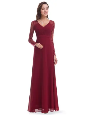 V Neck Maxi Long Evening Gowns with Lace Sleeves