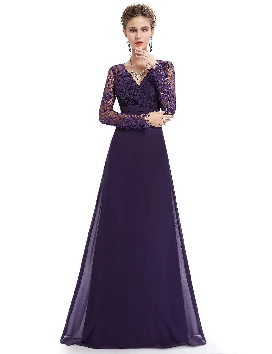 V Neck Maxi Long Evening Gowns with Lace Sleeves