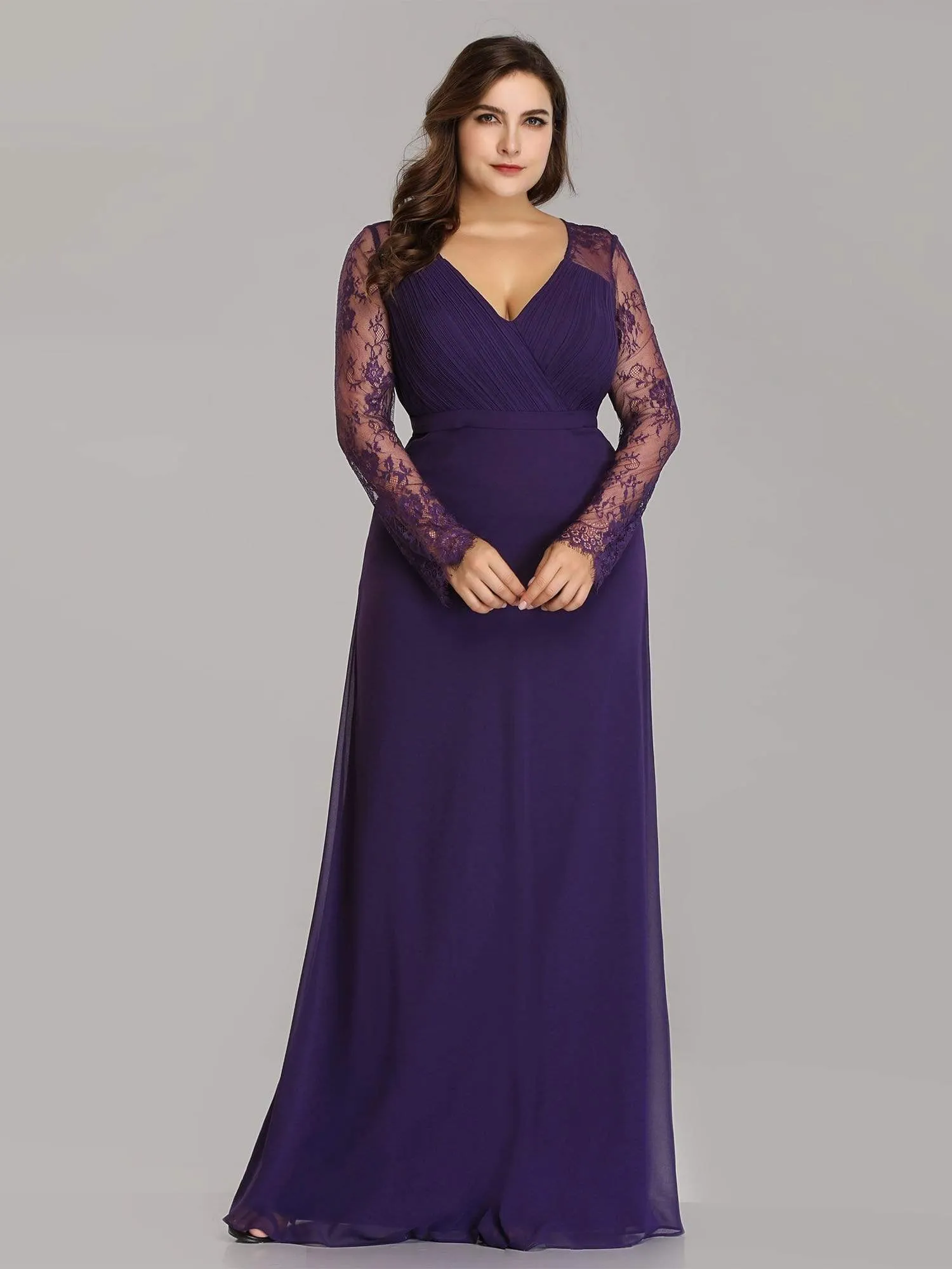 V Neck Maxi Long Evening Gowns with Lace Sleeves