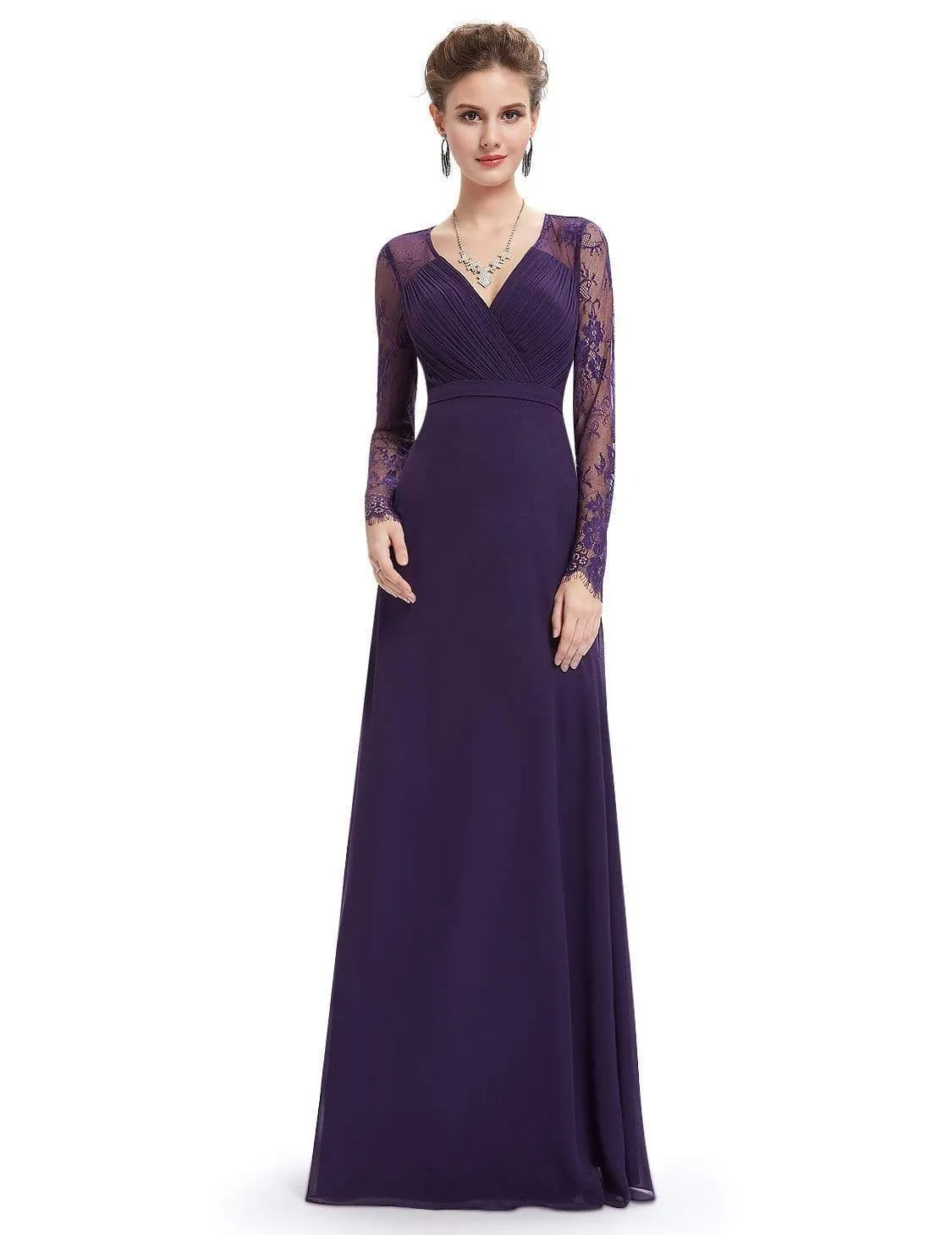 V Neck Maxi Long Evening Gowns with Lace Sleeves