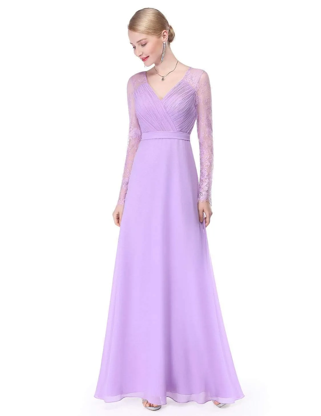 V Neck Maxi Long Evening Gowns with Lace Sleeves