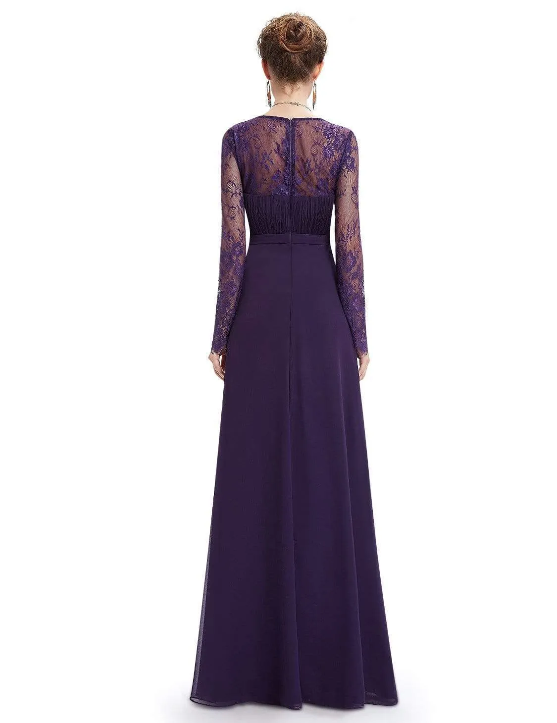 V Neck Maxi Long Evening Gowns with Lace Sleeves