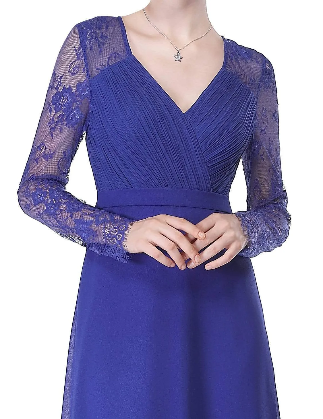 V Neck Maxi Long Evening Gowns with Lace Sleeves