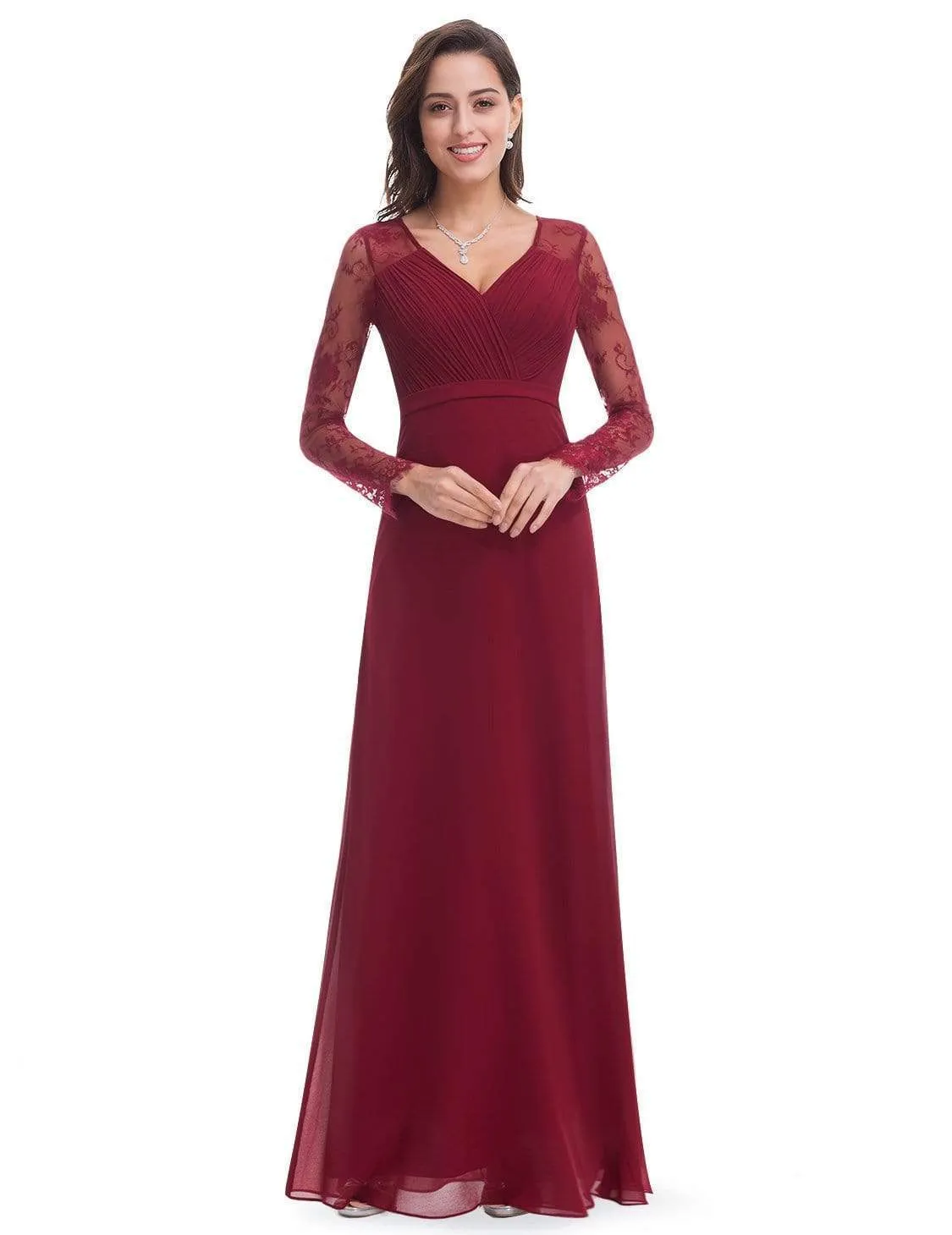 V Neck Maxi Long Evening Gowns with Lace Sleeves