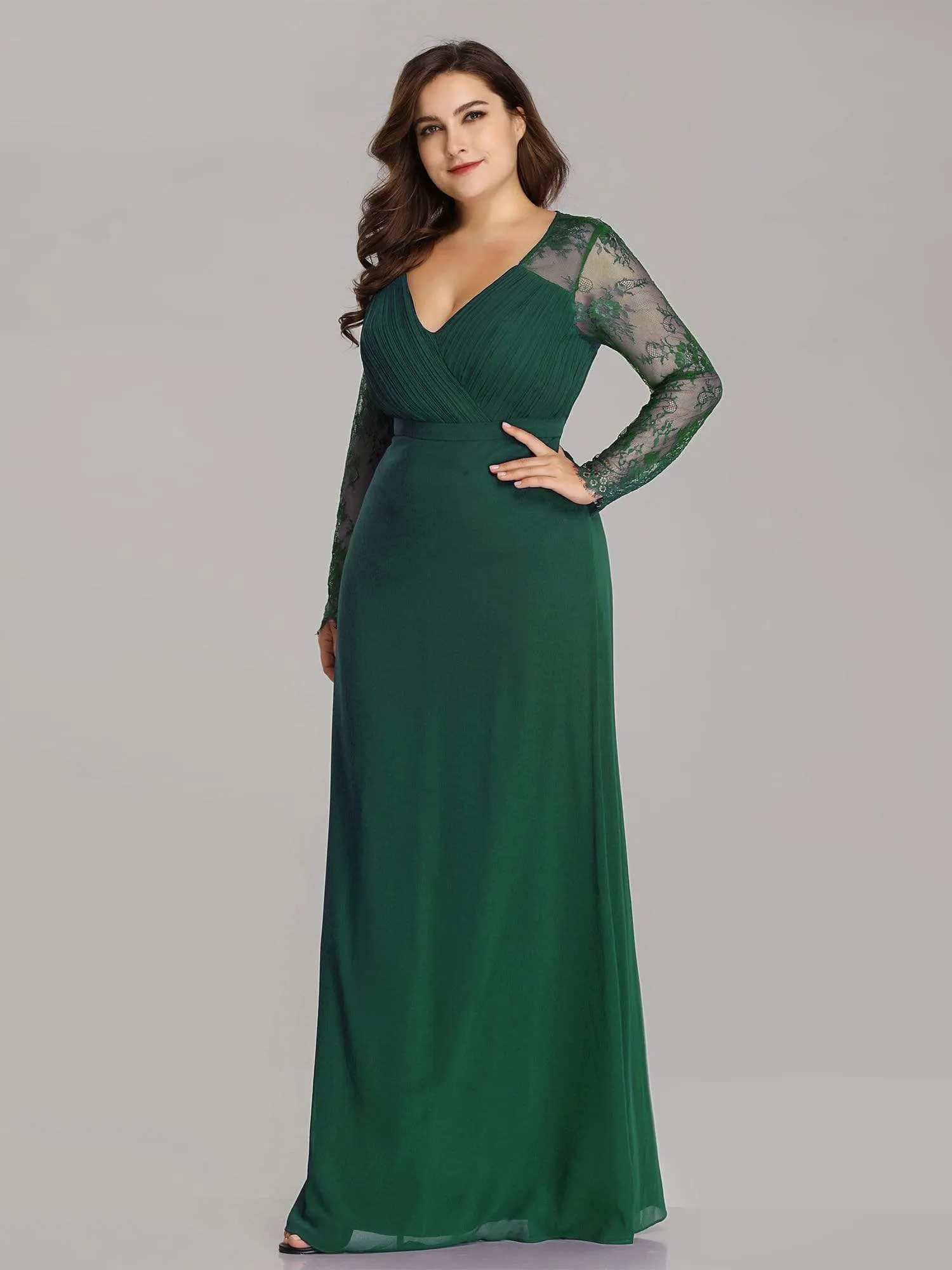 V Neck Maxi Long Evening Gowns with Lace Sleeves