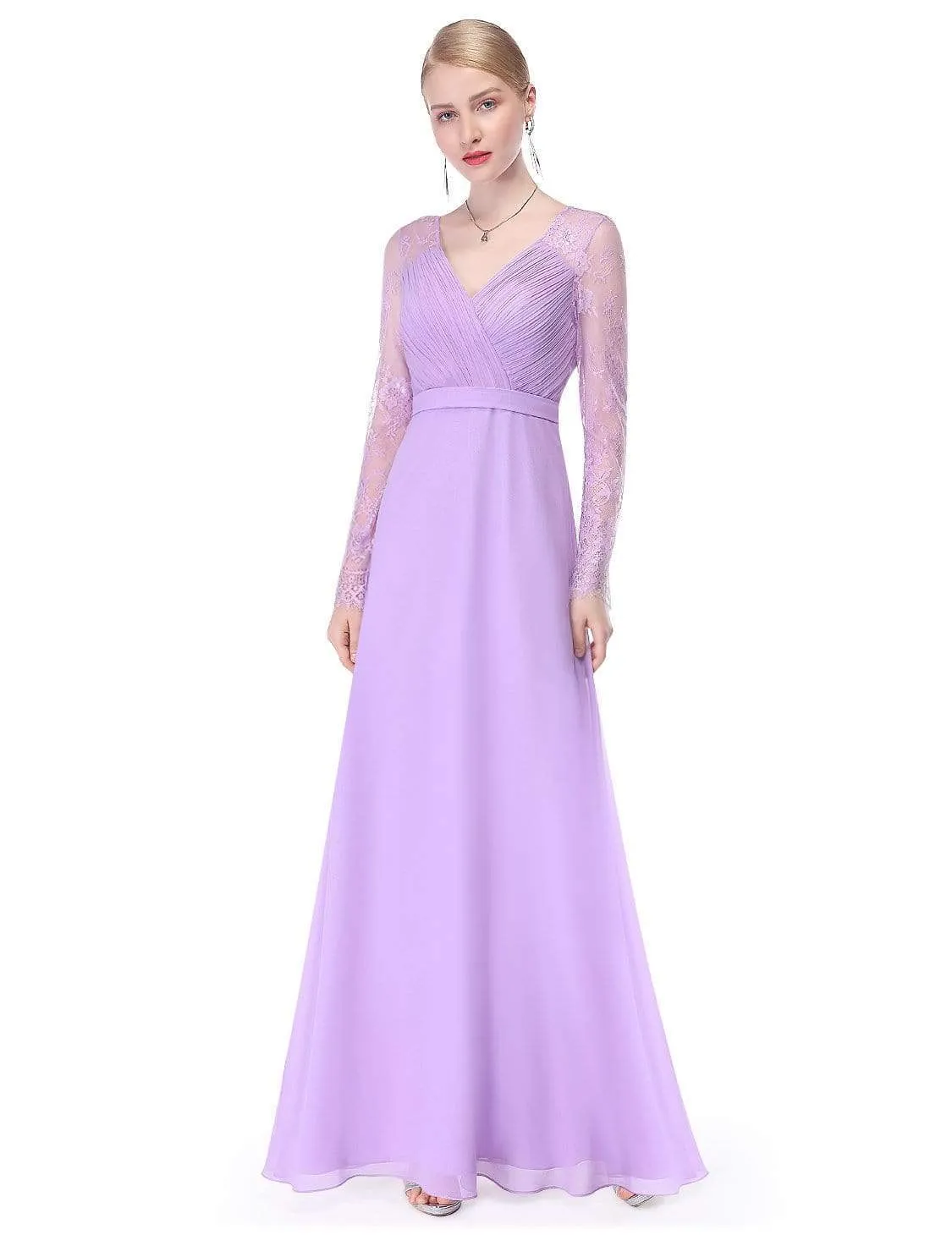 V Neck Maxi Long Evening Gowns with Lace Sleeves