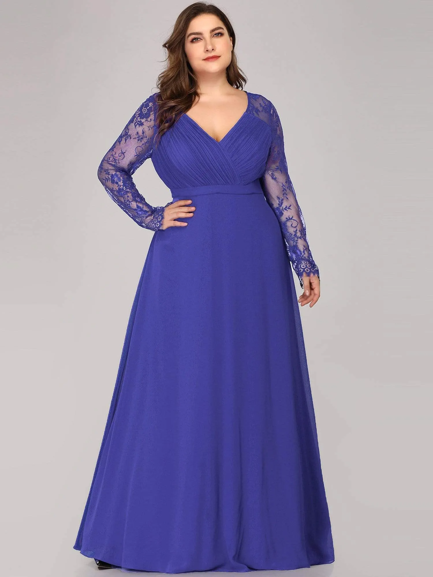 V Neck Maxi Long Evening Gowns with Lace Sleeves