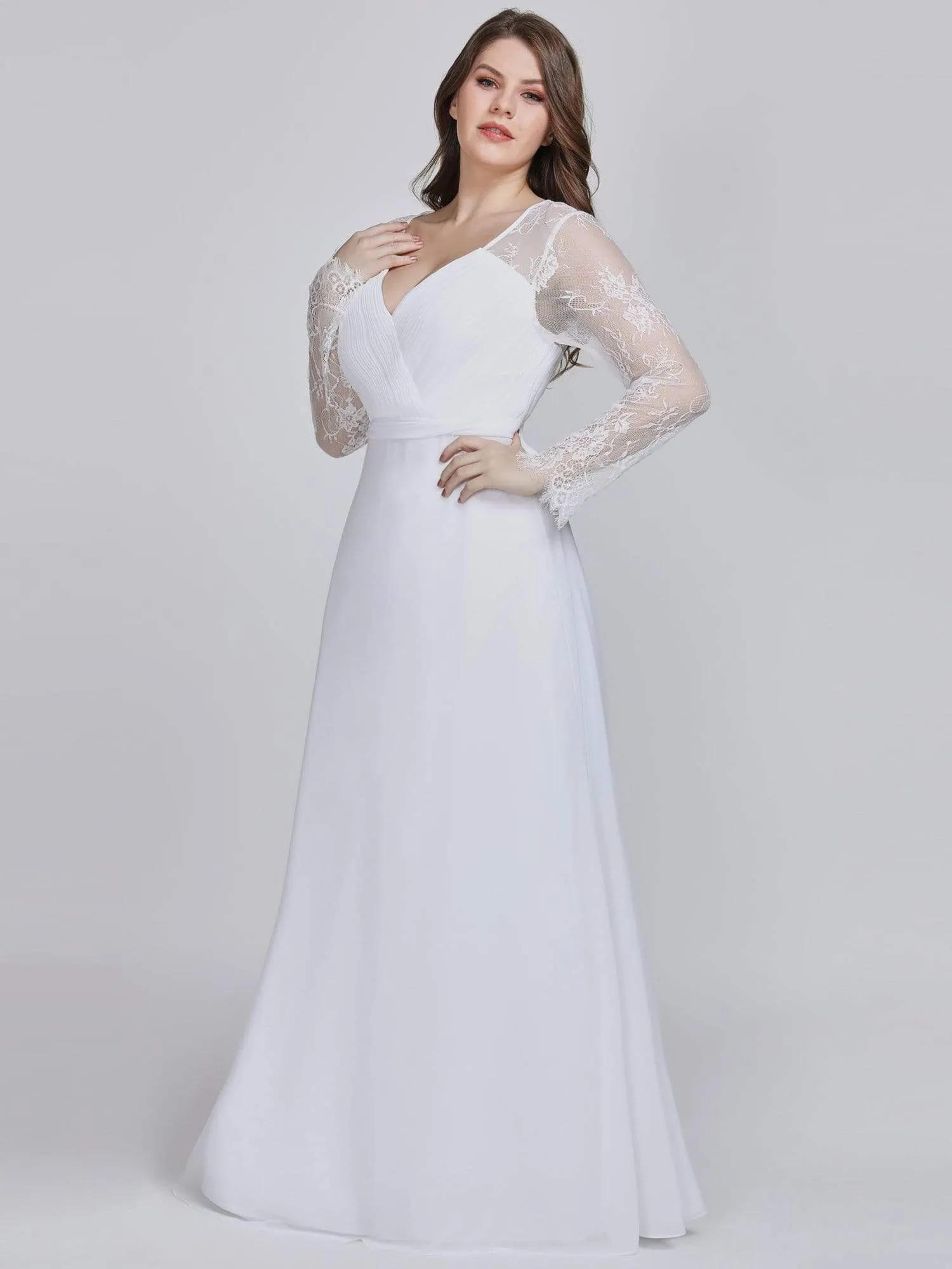 V Neck Maxi Long Evening Gowns with Lace Sleeves