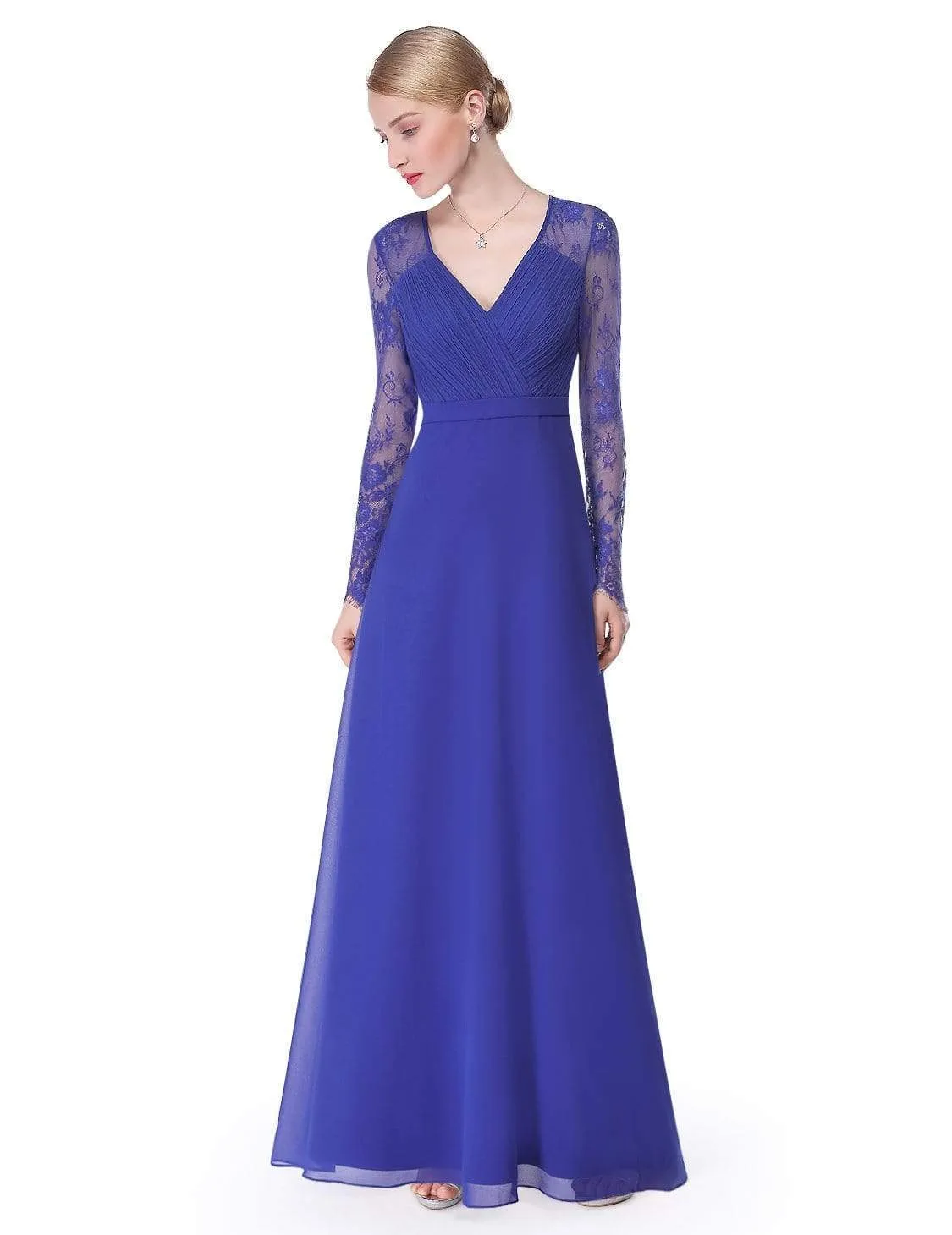 V Neck Maxi Long Evening Gowns with Lace Sleeves