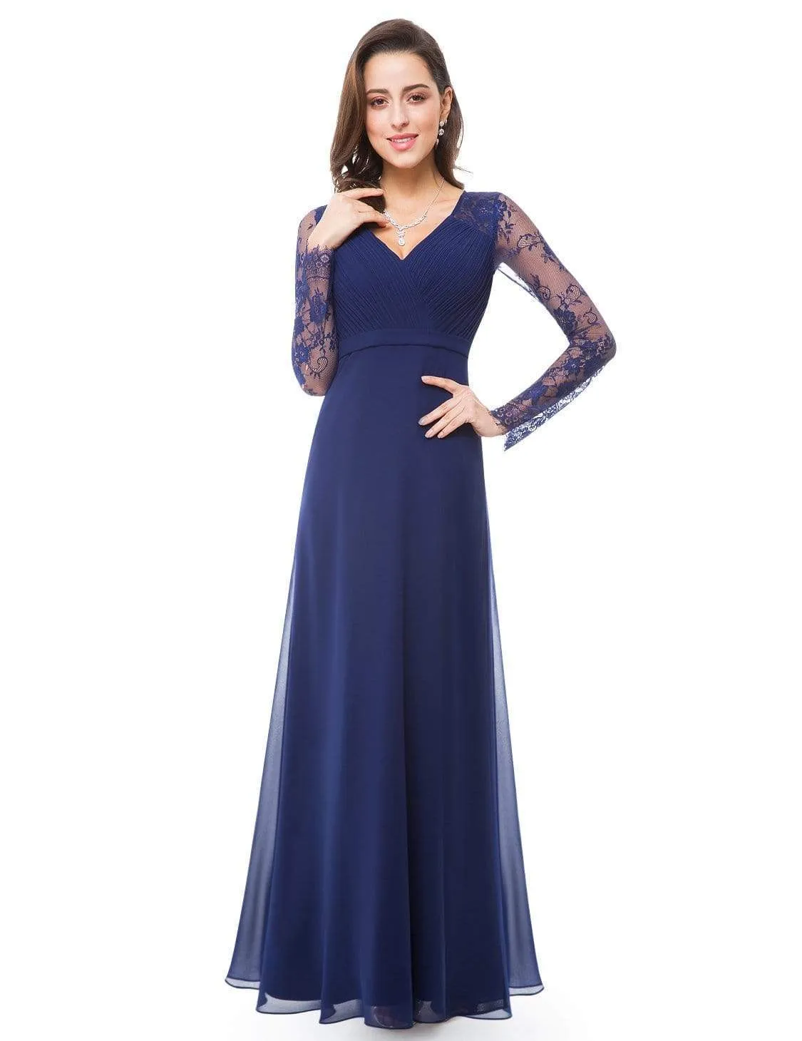 V Neck Maxi Long Evening Gowns with Lace Sleeves