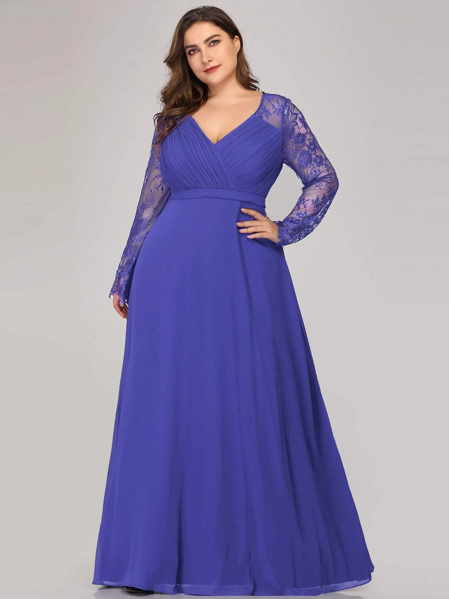 V Neck Maxi Long Evening Gowns with Lace Sleeves