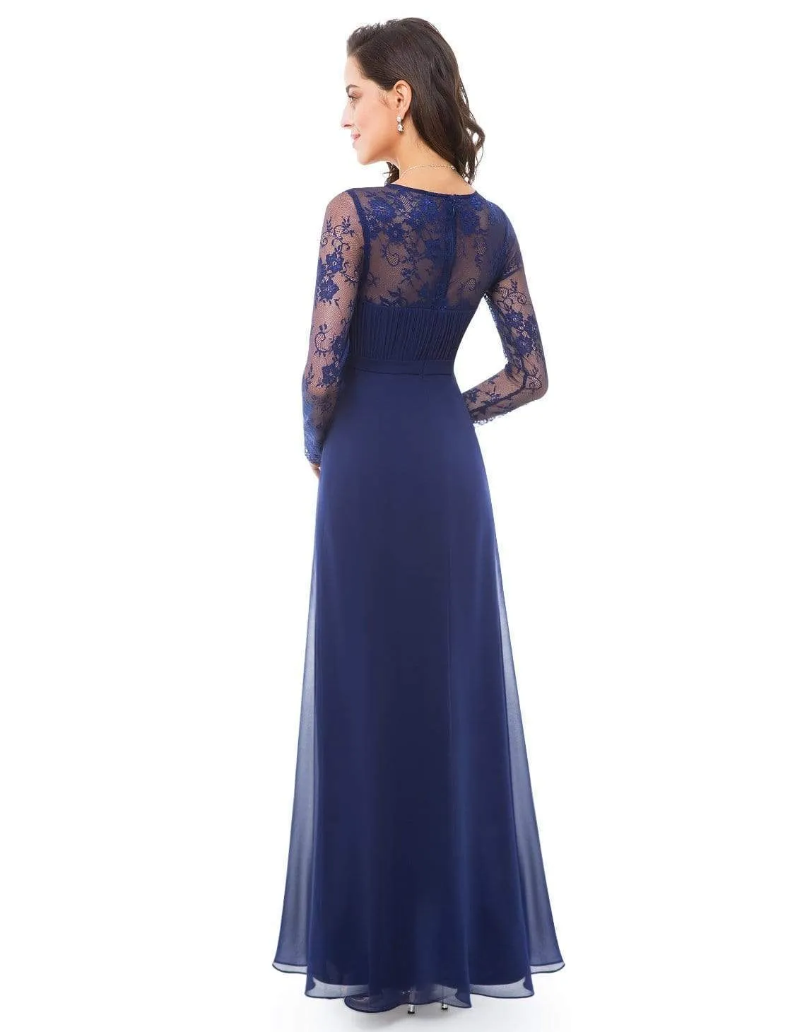 V Neck Maxi Long Evening Gowns with Lace Sleeves