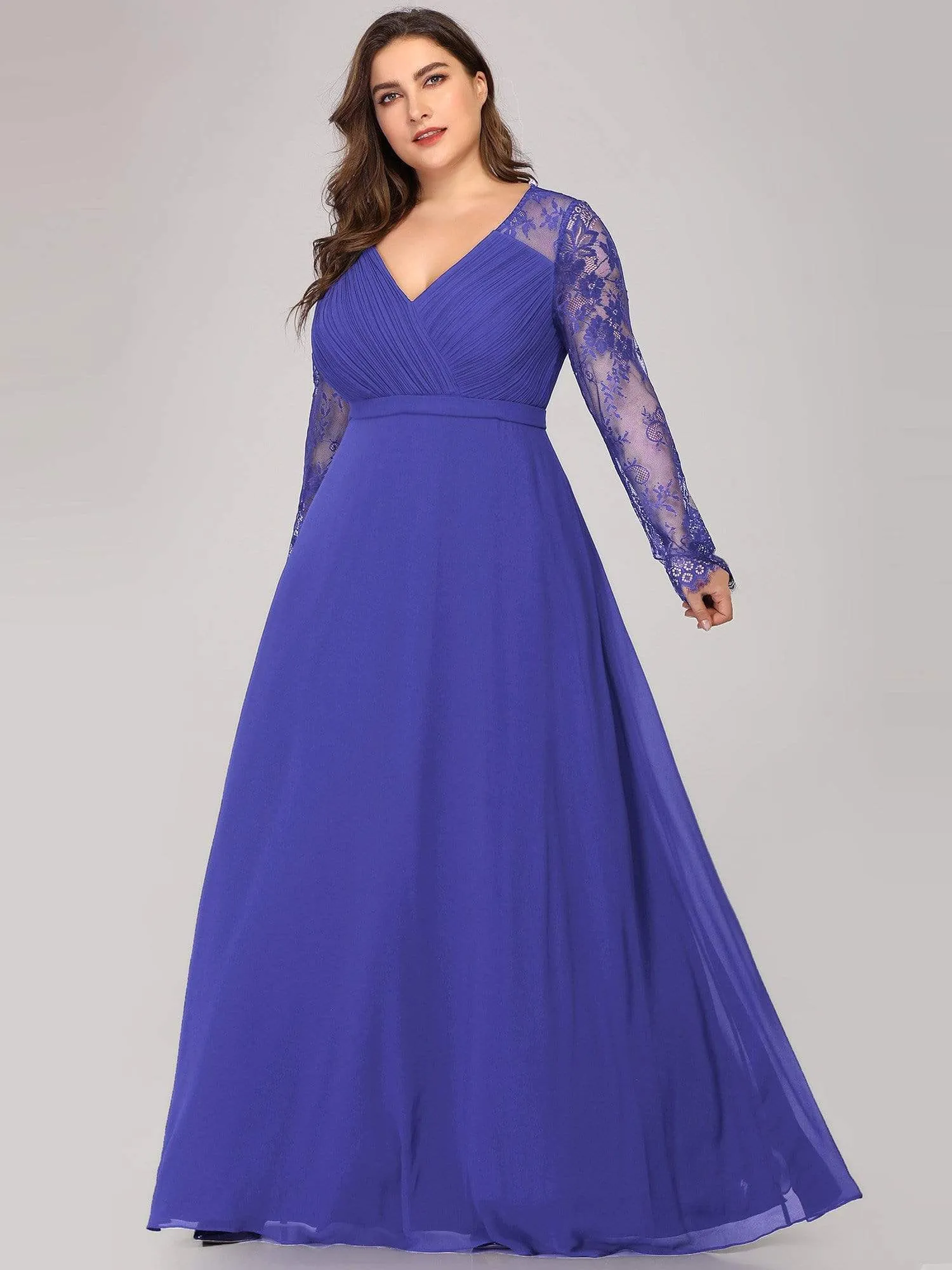 V Neck Maxi Long Evening Gowns with Lace Sleeves