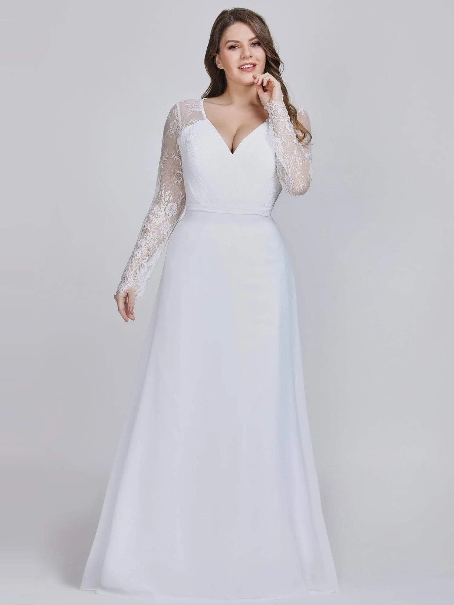 V Neck Maxi Long Evening Gowns with Lace Sleeves