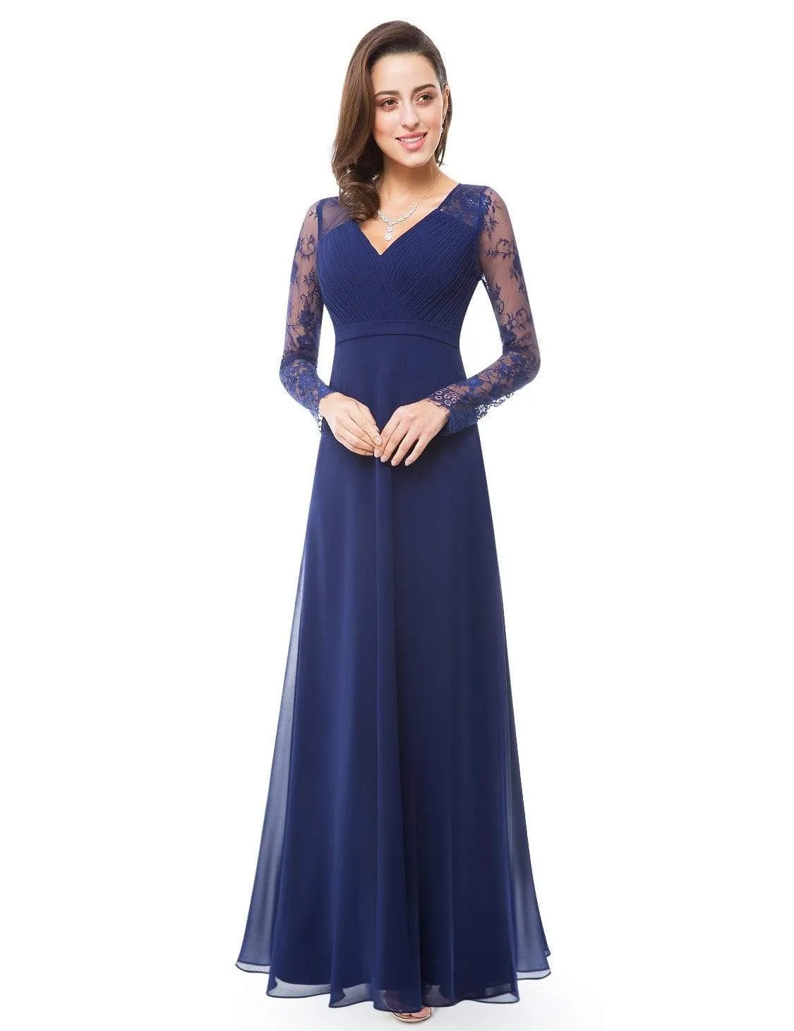 V Neck Maxi Long Evening Gowns with Lace Sleeves