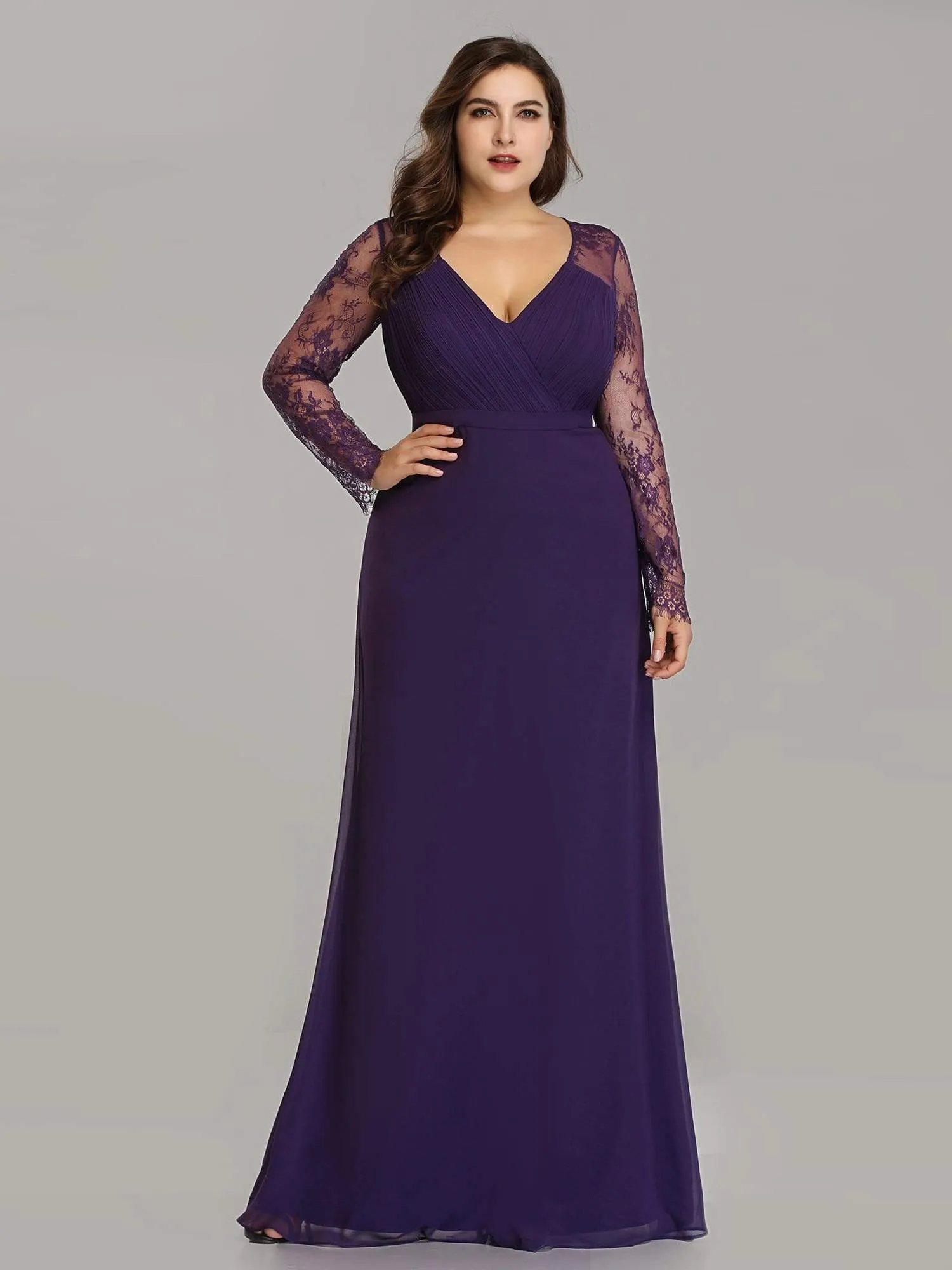 V Neck Maxi Long Evening Gowns with Lace Sleeves