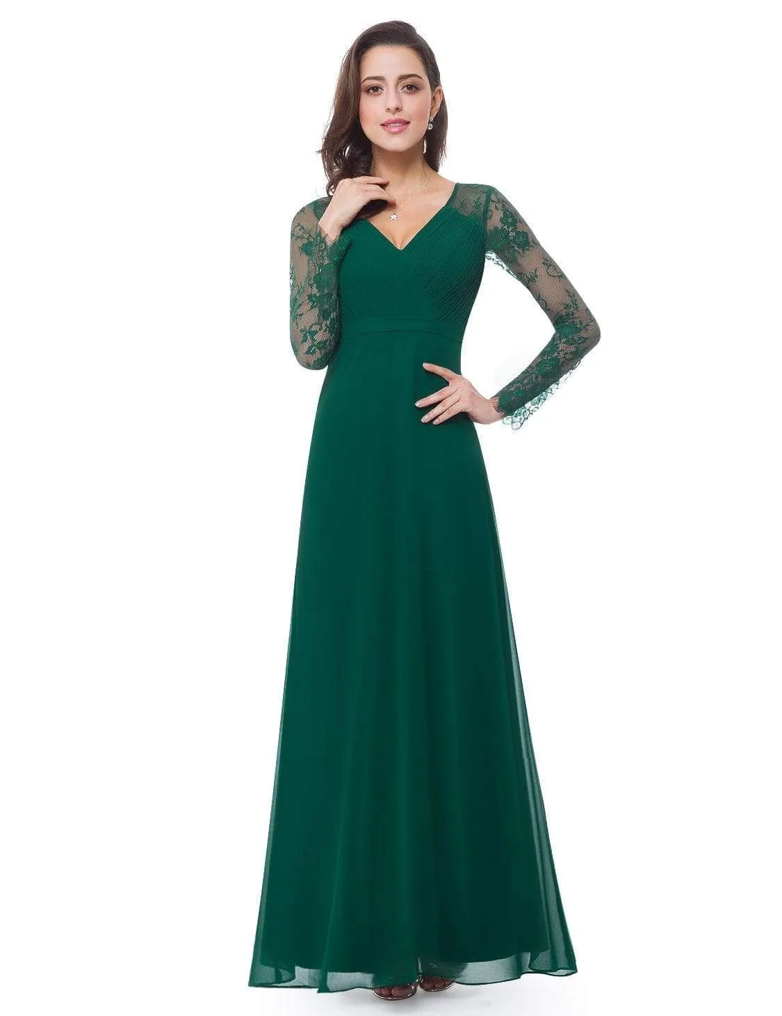 V Neck Maxi Long Evening Gowns with Lace Sleeves