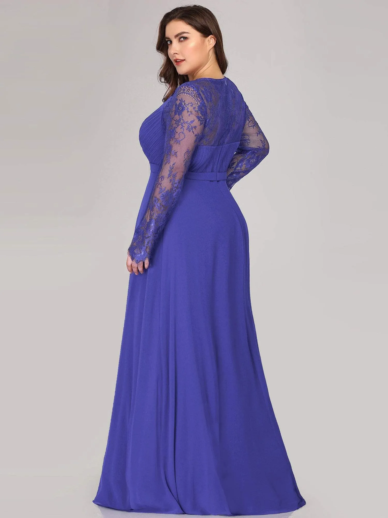 V Neck Maxi Long Evening Gowns with Lace Sleeves