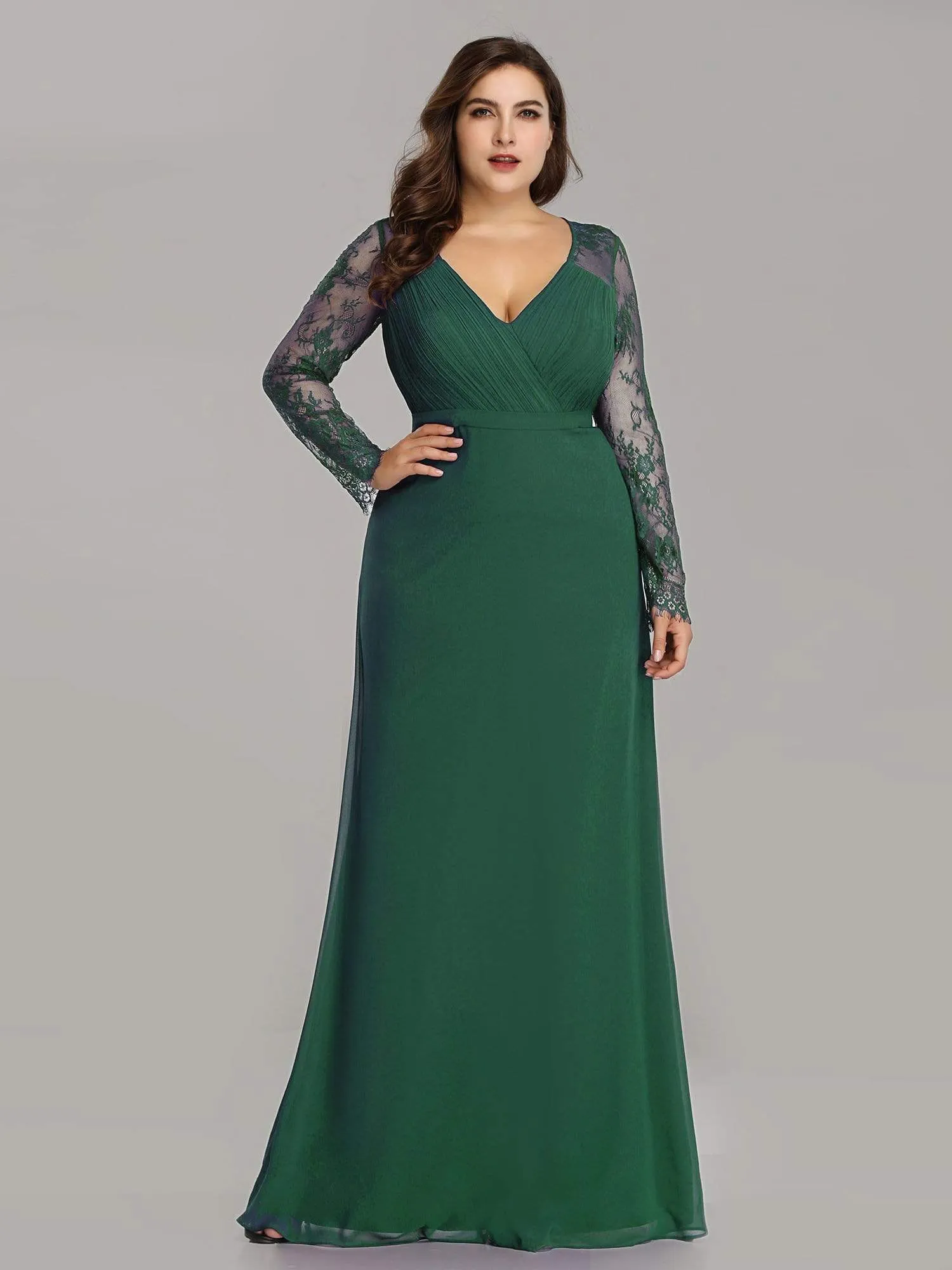 V Neck Maxi Long Evening Gowns with Lace Sleeves