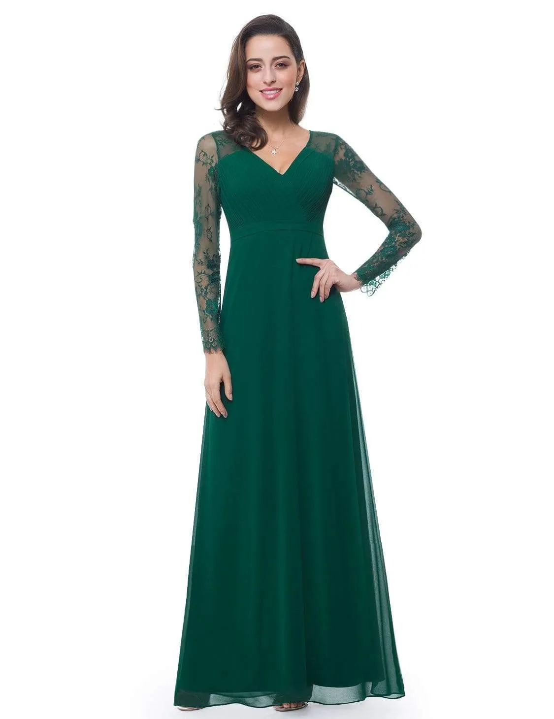 V Neck Maxi Long Evening Gowns with Lace Sleeves