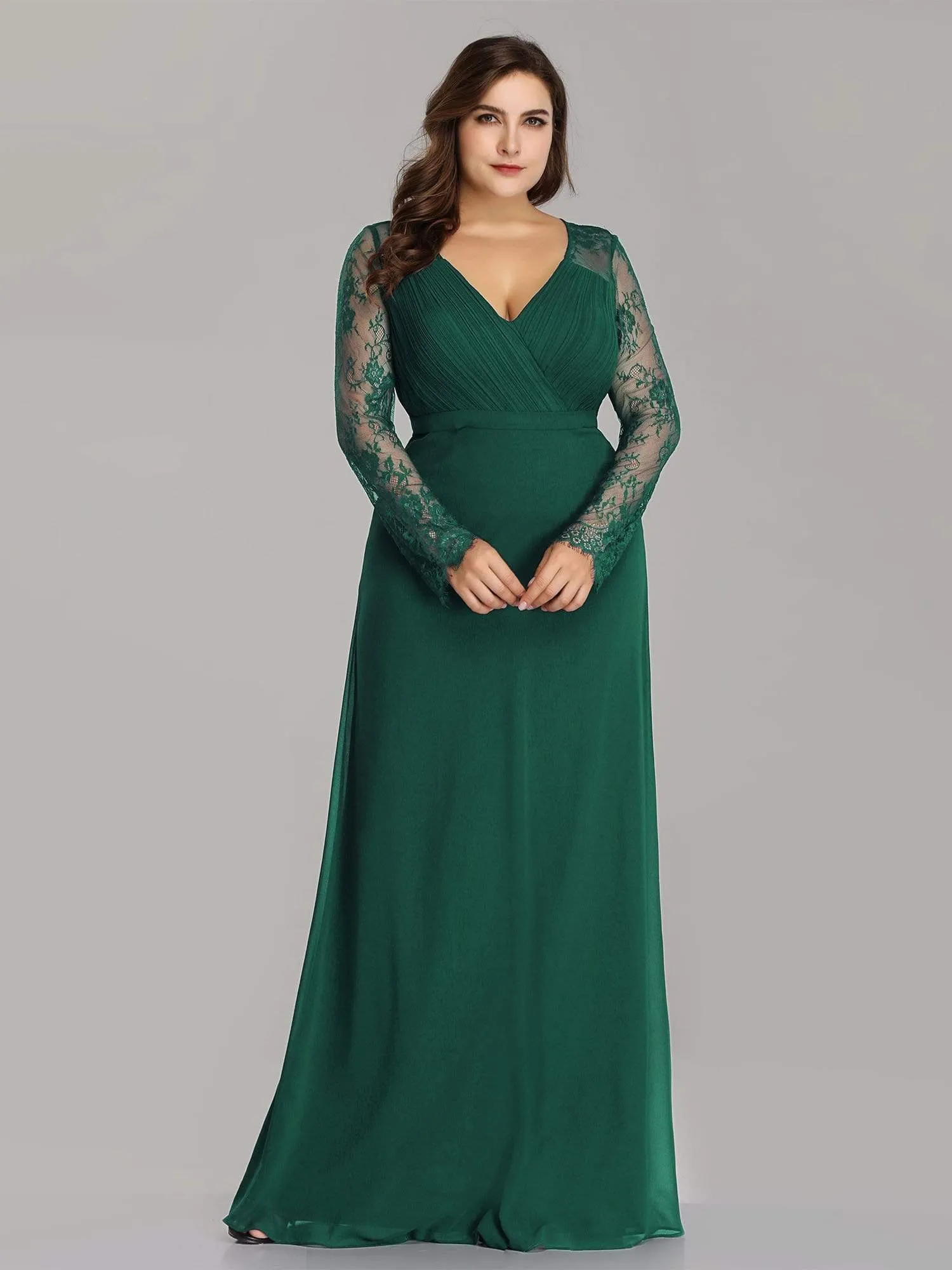 V Neck Maxi Long Evening Gowns with Lace Sleeves