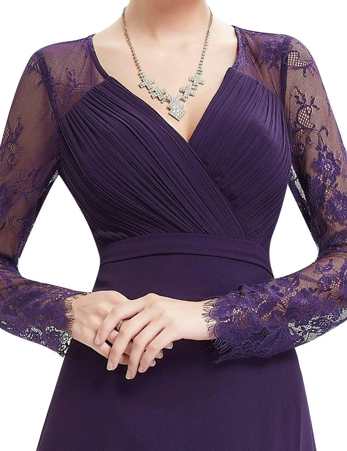 V Neck Maxi Long Evening Gowns with Lace Sleeves