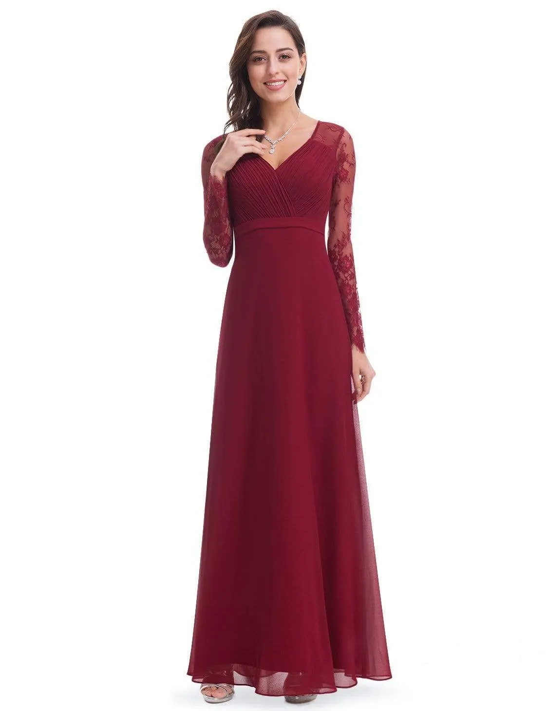 V Neck Maxi Long Evening Gowns with Lace Sleeves