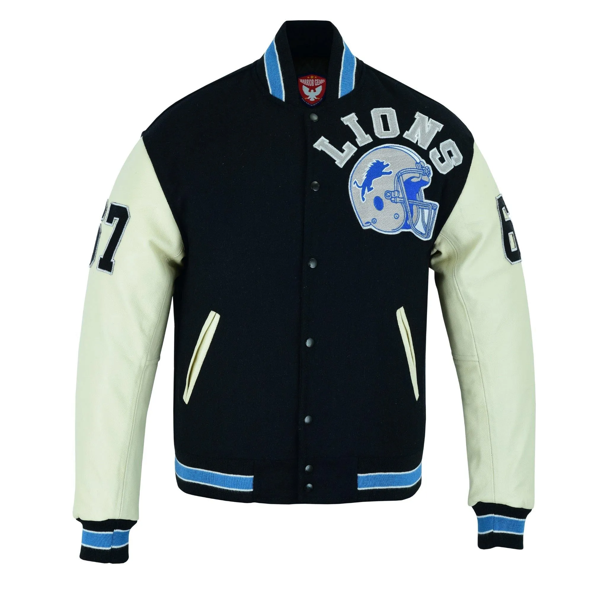 Warrior Gears Classic Hybrid Varsity Jacket for Kids, Toddler Letterman Bomber Jacket for Boys, Unisex Varsity   Jacket Girls, Blue Wool Body & White Cowhide Leather Sleeves