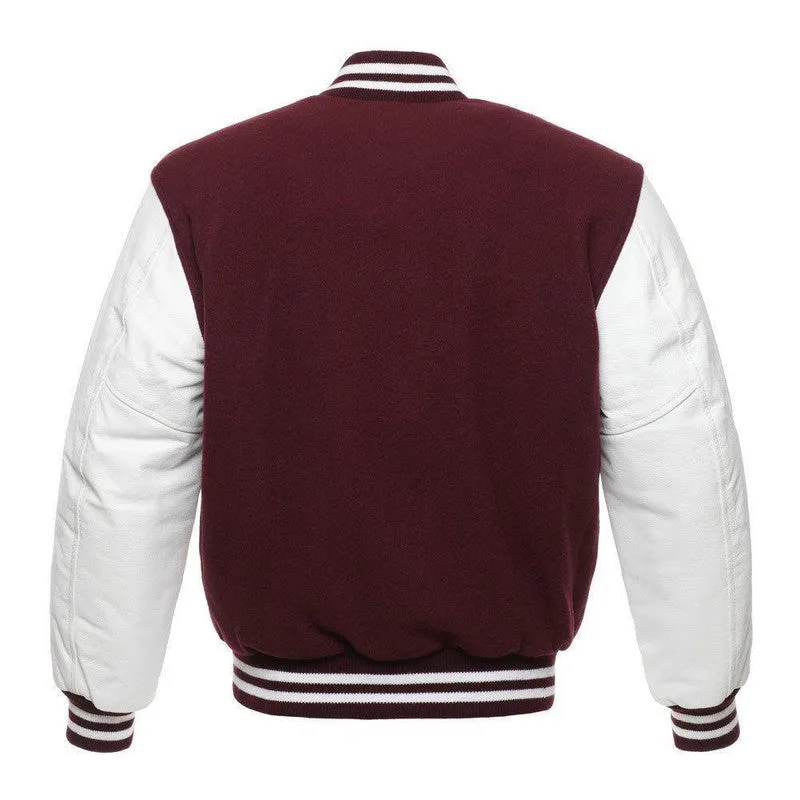 Warrior Gears Classic Hybrid Varsity Jacket for Kids, Toddler Letterman Bomber Jacket for Boys, Unisex Varsity Jacket Girls, Maroon Pure Wool Body & White Cowhide Leather Sleeves