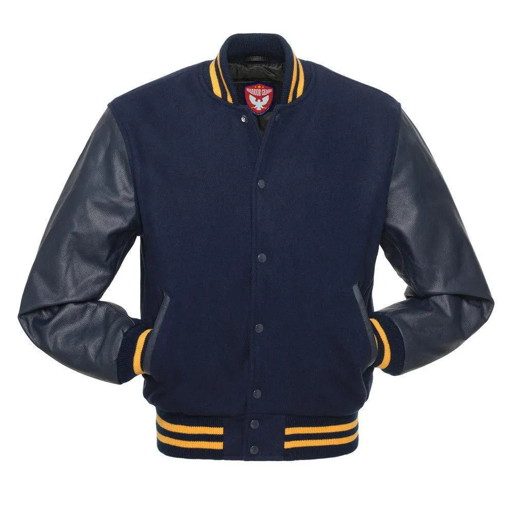 Warrior Gears Classic Hybrid Varsity Jacket for Kids, Toddler Letterman Bomber Jacket for Boys, Unisex Varsity Jacket Girls, Navy  Blue Pure Wool Body & Navy  Blue Cowhide Leather Sleeves