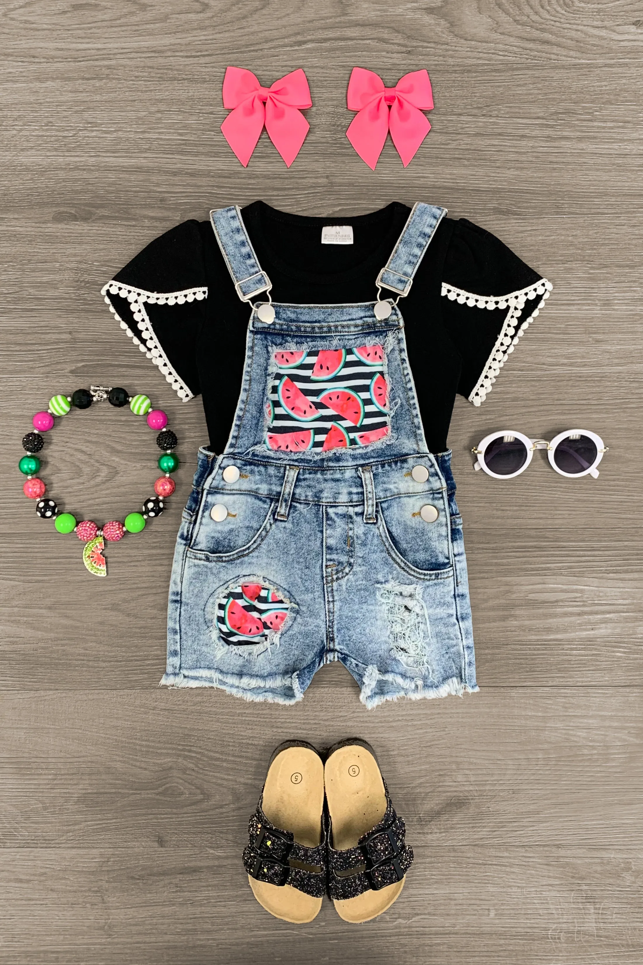 Watermelon Distressed Overall Set